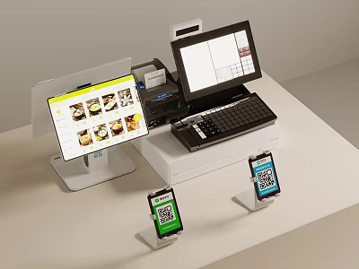 Commercial Retail POS Equipment Setup With Monitor Printer And QR Code Payment Scanners 3d model