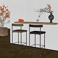 Modern Wooden Bar Counter With Two Bar Stools And Decorative Plants On White Wall