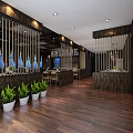 Modern Restaurant Interior With Wooden Flooring Tables Chairs Window Curtains And Decorative Ceiling