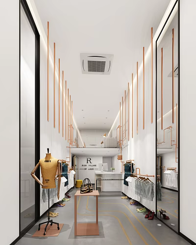 Modern Clothing Store Interior Design With White Walls Copper Lines Golden Mannequin And Hanging Clothes 3d model