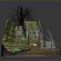 Cartoon Scene Featuring Old House With Mossy Roof Pine Trees Dead Trees And Path