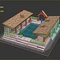 Cartoon Scene Of Stone Buildings With Red Tile Roofs Swimming Pool Statues And Railing