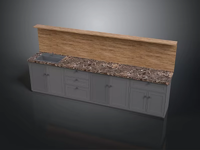 Modern Kitchen Cabinet With Gray Doors Marble Countertop Sink And Wooden Backsplash 3d model