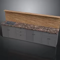 Modern Kitchen Cabinet With Gray Doors Marble Countertop Sink And Wooden Backsplash