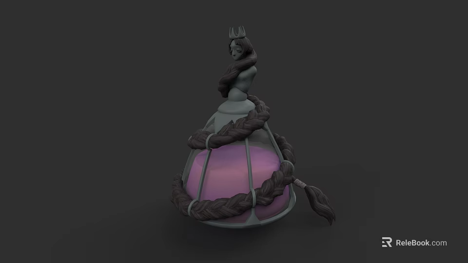 Intricate Female Sculpture With Crown Long Hair And Braided Ropes Around Purple Sphere 3d model 