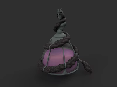 Intricate Female Sculpture With Crown Long Hair And Braided Ropes Around Purple Sphere 3d model