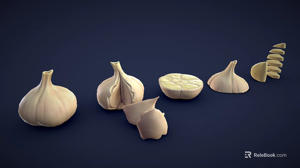 Fresh Garlic Display With Whole Bulbs Peeled Cloves And Sliced Sections 3d model 