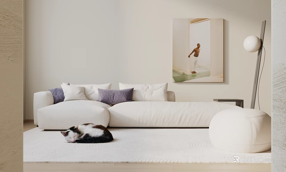 Cozy White Sofa Set With Pillows Cat On Rug Floor Lamp And Wall Art 3d model 