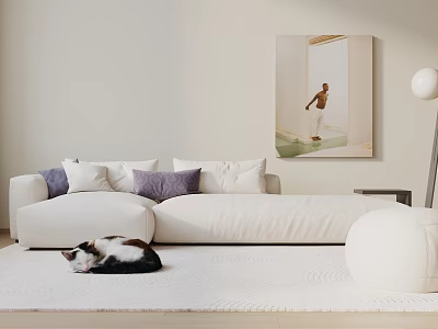 Cozy White Sofa Set With Pillows Cat On Rug Floor Lamp And Wall Art 3d model