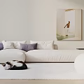 Cozy White Sofa Set With Pillows Cat On Rug Floor Lamp And Wall Art