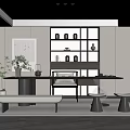 Modern Minimalist Tea Room Interior With Long Table Green Plants And Bookshelves And Decorative Items