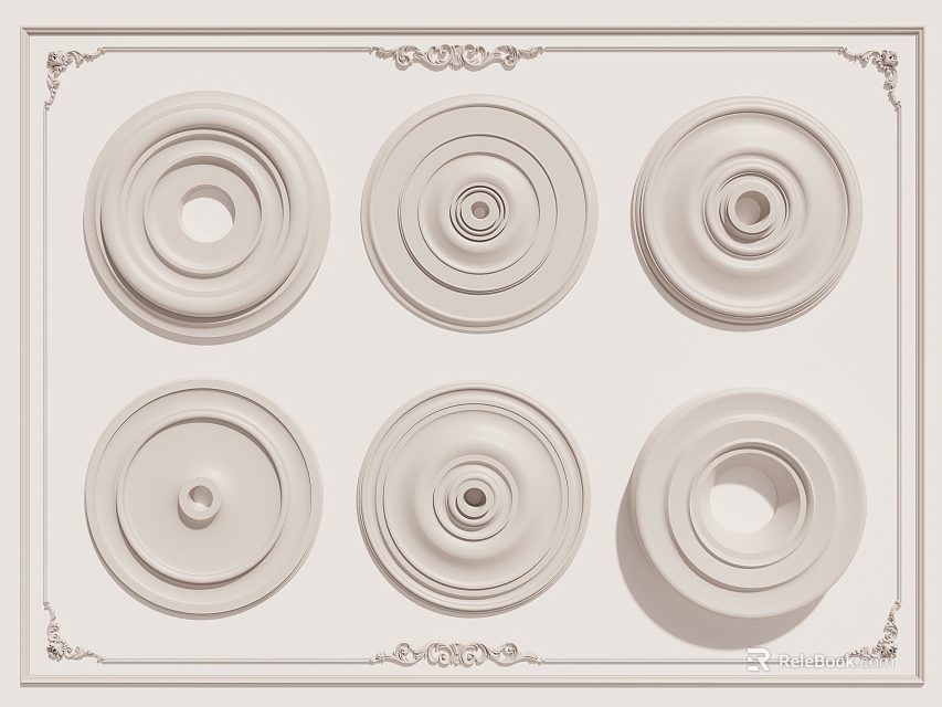 Set of Six Decorative White Ceiling Medallions For Ceiling Decoration With Various Circular Designs 3d model 
