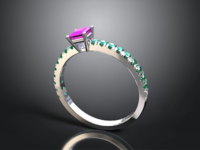 Silver Band Ring With Purple Center Gemstone And Green Side Stones 3d model