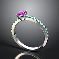 Silver Band Ring With Purple Center Gemstone And Green Side Stones