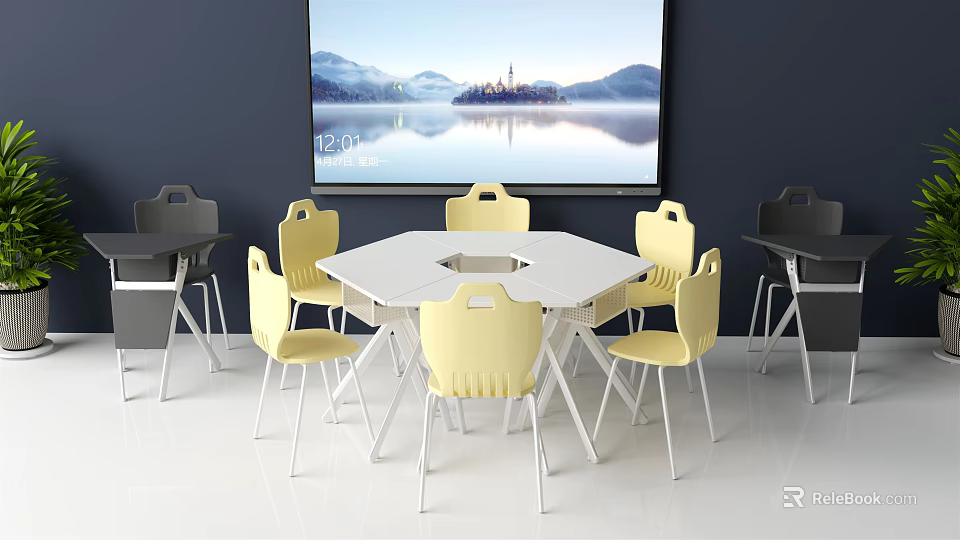 Hexagonal White Study Desk with Yellow Chairs and Large Scenic Screen in Modern Classroom 3d model 