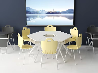 Hexagonal White Study Desk with Yellow Chairs and Large Scenic Screen in Modern Classroom 3d model