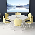 Hexagonal White Study Desk with Yellow Chairs and Large Scenic Screen in Modern Classroom