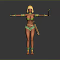 Tribal Female Character In Green Attire With Headpiece Arm Bands And Feather Decorated Tools