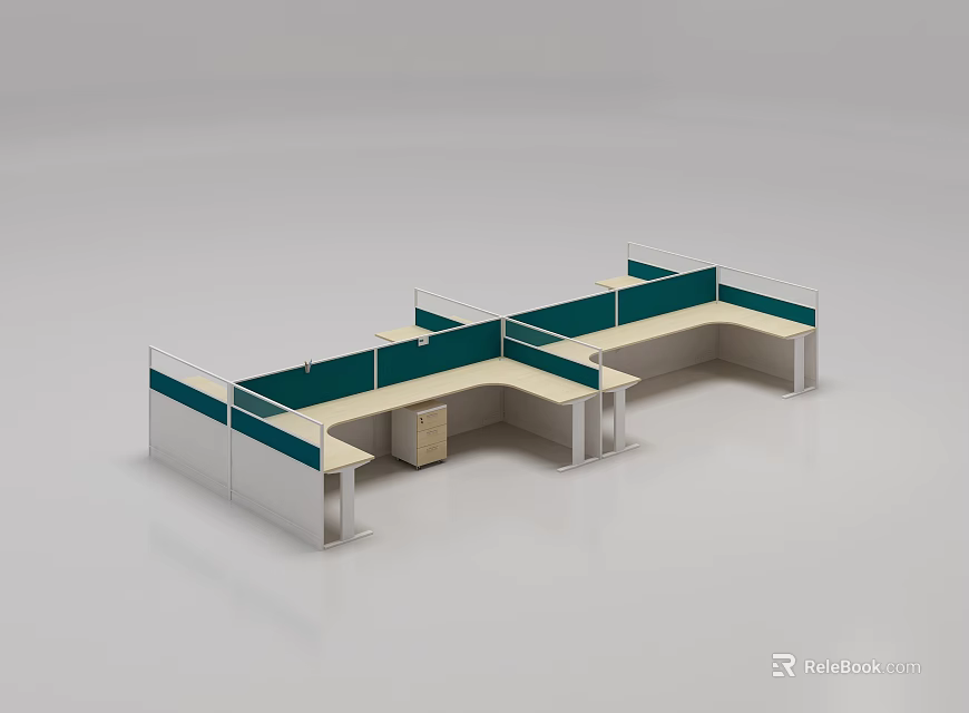 Modular Office Desk With Green Dividers Multiple Workstations And Storage Cabinet 3d model 