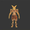 Man In Red Armor With Fox Head Standing Against Gray Background