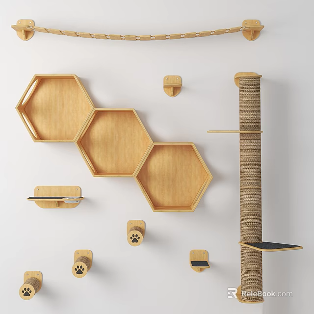 Functional Pet Living Supplies With Hexagonal Wooden Shelves Cat Scratching Post And Cat Paw Hooks 3d model 