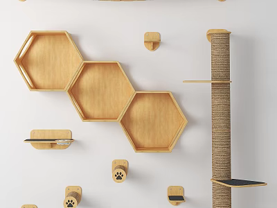 Functional Pet Living Supplies With Hexagonal Wooden Shelves Cat Scratching Post And Cat Paw Hooks 3d model