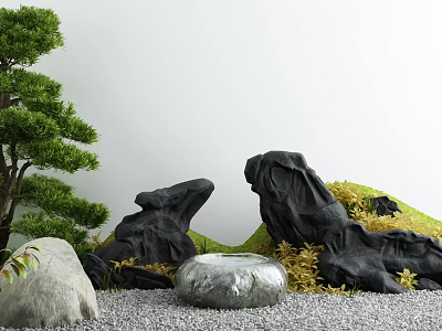 Miniature Garden Ornament With Pine Tree Decorative Black Rocks Round Stone Green Moss And Gravel 3d model