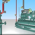 Row Of Green White Industrial Equipment With Red White Pipes And Control Panels