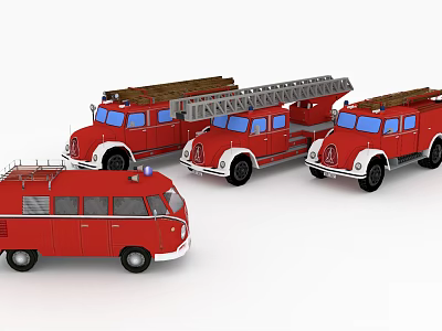 Red Vintage Fire Engine Models Featuring Ladder Truck And Rescue Van 3d model