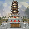 Ancient Architecture Multi Tiered Pagoda With Mountainous Backdrop Stone Steps And Palm Trees
