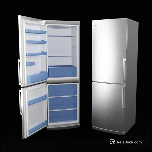Stainless Steel Refrigerator Freezers With Open Door Interior Blue Drawers And Closed Double Door Design 3d model 