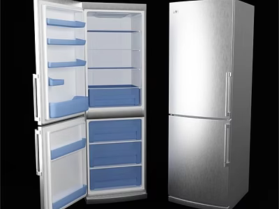 Stainless Steel Refrigerator Freezers With Open Door Interior Blue Drawers And Closed Double Door Design 3d model