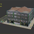 Cartoon Style Urban Scene With Red Tiled Roof Building Multiple Floors Shop Fronts Street Lamps And Traffic Lights