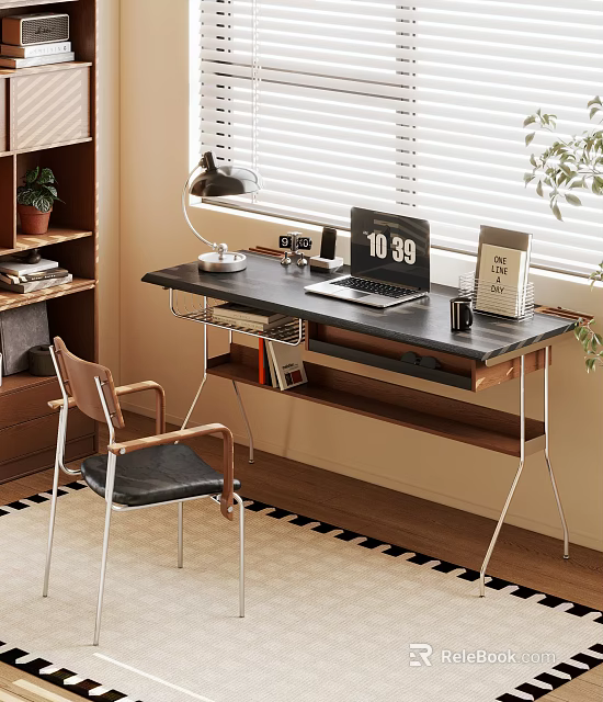 Modern Home Office Desk With Laptop Lamp Clock Calendar And Wooden Chair 3d model 