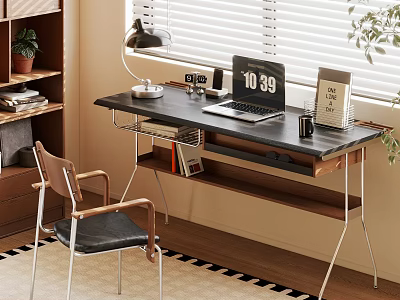 Modern Home Office Desk With Laptop Lamp Clock Calendar And Wooden Chair 3d model