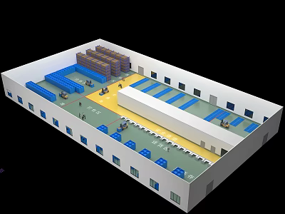 Warehouse Interior Layout with Blue Shelves Yellow Area and Workers 3d model