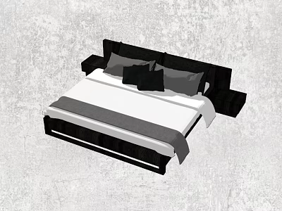 Modern Double Bed With Black Headboard White Bedspread And Gray Black Pillows 3d model