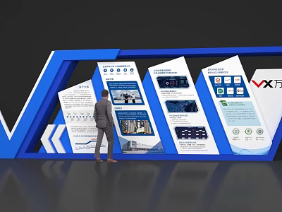 Exhibition Display Wall with Multiple Panels Man Viewing Data Charts and VX Logo 3d model