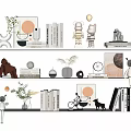 Decorative Ornament Combinations on White Shelves with Statues Books Frames Plants Clock and Vases