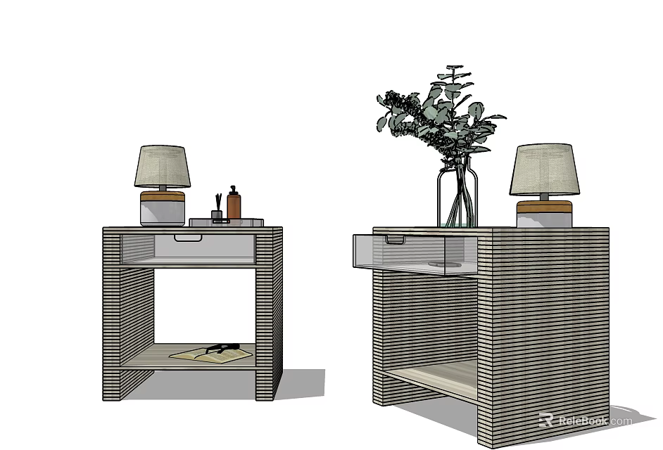 Woven Bedside Tables With Drawers Table Lamps And Green Plant Decor 3d model 