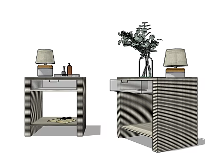 Woven Bedside Tables With Drawers Table Lamps And Green Plant Decor 3d model