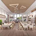 Bright Modern Kindergarten Interior With Wooden Ceiling Geometric Pendant Lights Tables Chairs And Large Windows
