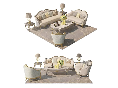 Elegant Sofa Coffee Table Combination With Armchairs Table Lamps Floral Decor And Area Rug 3d model