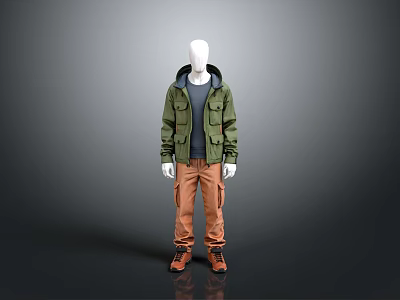 Stylish Casual Outfit With Green Hooded Jacket Orange Pants And Brown Boots 3d model