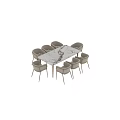 Modern Light Colored Upholstered Dining Chairs Around Marble Tabletop Dining Table