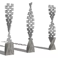 Contemporary Fragmented Metal Sculptures in Park Lawn With Cherry Blossom Trees