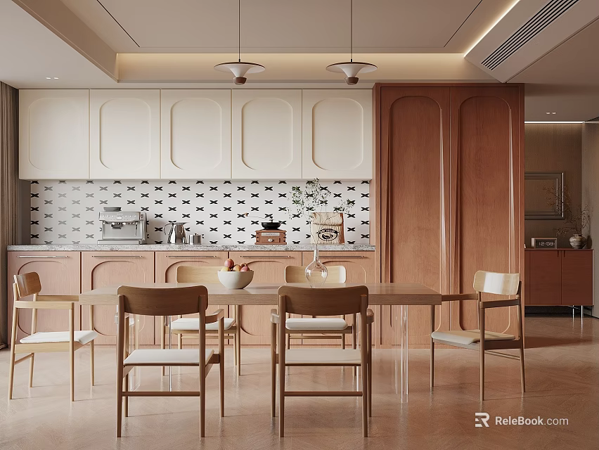 Modern Restaurant Interior Featuring Open Kitchen Design With Dining Table Chairs And Pendant Lights 3d model 