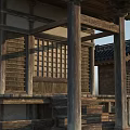 Traditional Ancient Wooden Architecture Featuring Upturned Eaves Latticed Windows And Stone Paved Ground