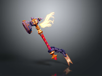 Flaming Fantasy Weapon Design With Purple Red Handle And Golden Chain Elements 3d model