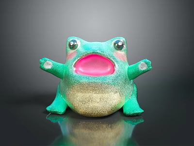Green Glittery Frog Toy With Big Eyes Open Mouth And Golden Belly 3d model